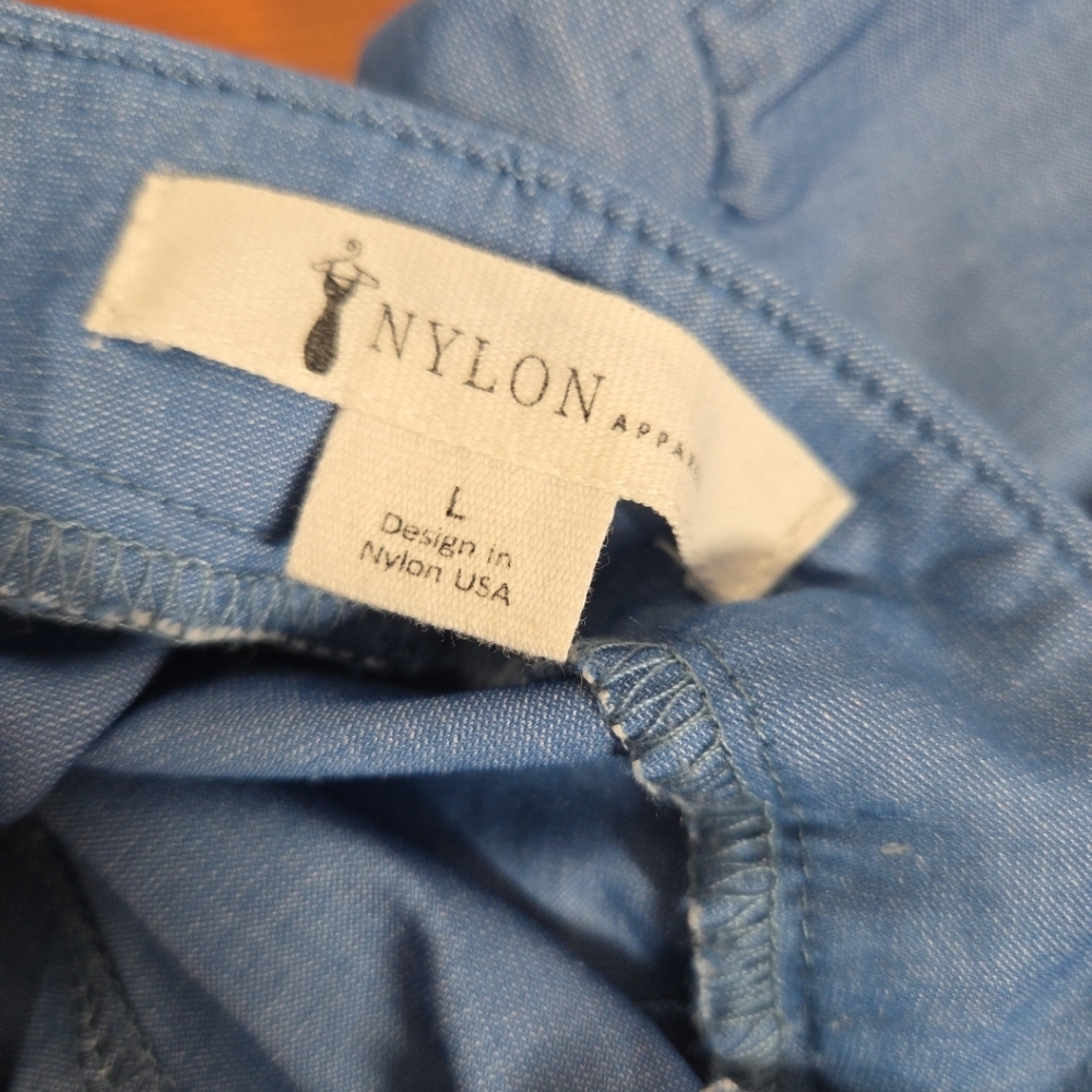 NYLON APPAREL CHAMBRAY FLAMENCO COCKTAIL HI LOW TIERED RUFFLE MIDI SKIRT sz L - Picture 3 of 11